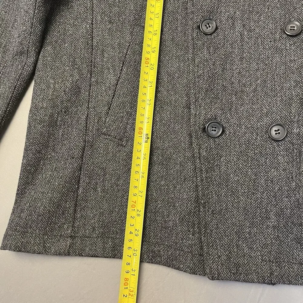 Men's Gray Double Breast Wool Blend Pea Coat Size XL Herringbone Tweed